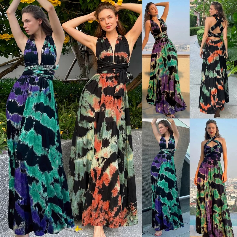 

2024Summer Sleeveless Tie-Dye Neck Sling Dress Fashion Casual Women's Clothing Skirts