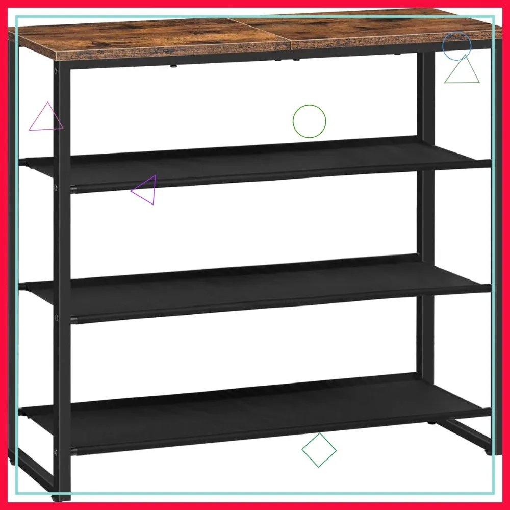 

4-Tier Shoe Rack with 3 Fabric Shelves, Holds 12-16 Pairs for Entryway and Closet, Industrial Rustic Brown