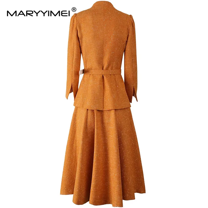 MARYYIMEI Autumn and winter Women\'s Suit Three Quarter Sleeve Single Breasted Tops+Casual Big Swing Skirt 2 piece set