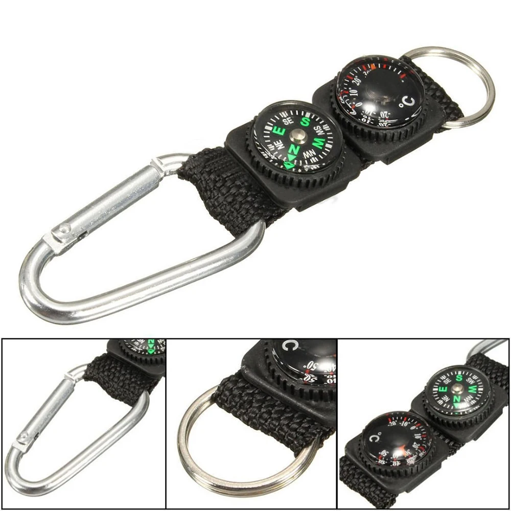 1 PC มัลติฟังก์ชั่ 3 In 1 MINI Carabiner พร้อมเข็มทิศเครื่องวัดอุณหภูมิกลางแจ้ง Camping กระเป๋าเป้สะพายหลัง BUCKLE Hanger พวงกุญแจอุปกรณ์เสริม