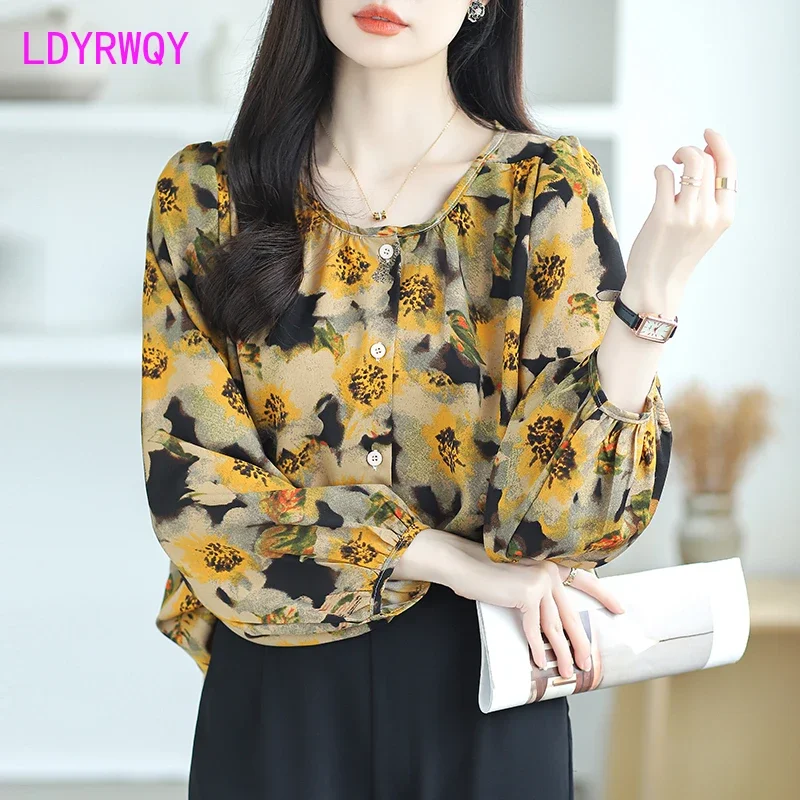 2024 new French light cooked loose comfortable round neck bubble sleeves sweet floral shirt