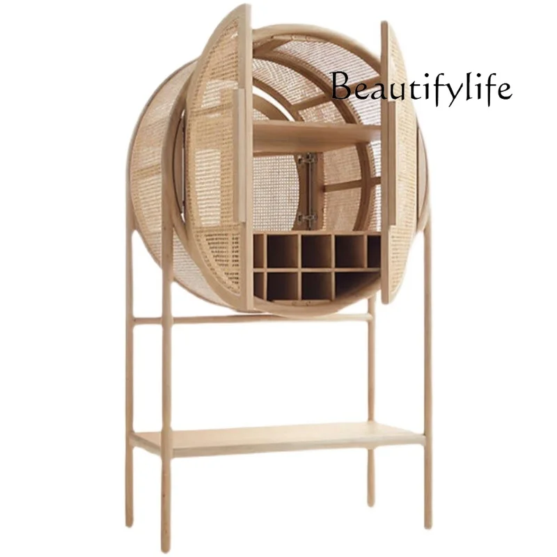 

Nordic creative special-shaped double-door round wine cabinet American country home art solid wood rattan locker