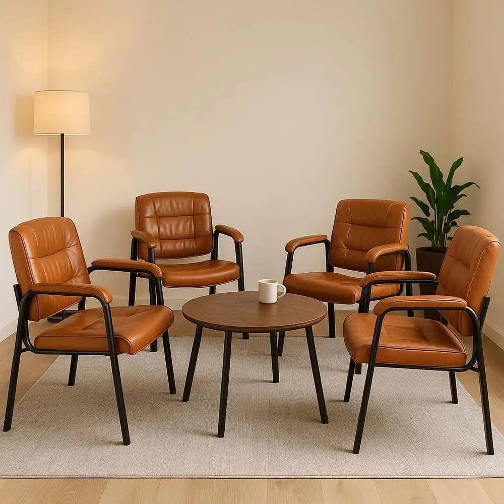 

Set of 4 Caramel Faux Leather Stackable Office Chairs with Armrests for Waiting Rooms and Conference Areas