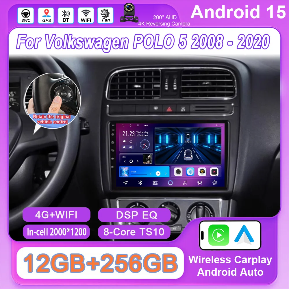 

Android 15 Car For Volkswagen POLO 5 2008 - 2020 Auto Radio Stereo Multimidia Video Player GPS Navigation 4G Carplay NO 2DIN DVD