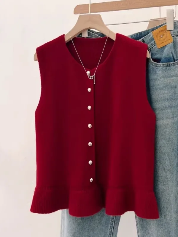 Elegant Wine Red Knitted Vest Outerwear Women's Early Autumn New plus Size Bottom Lace Layering Vest Commute Style V-Neck