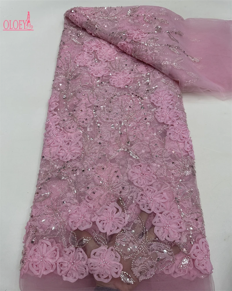 

OLOEYAfrican Beads Lace Fabrics Latest Sequin Lace Fabric High Quality Pink Lace Fabric Nigerian Wedding Dress For