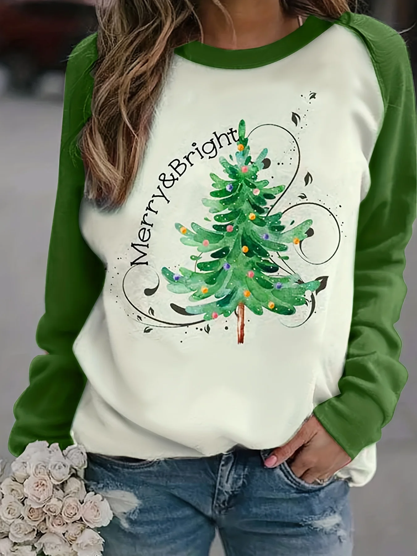 Sweat-shirt à manches raglan Merry & Bright Watercolor Christmas Tree, grande taille, color block vert et blanc, col rond, manches longues, décontracté, Holida
