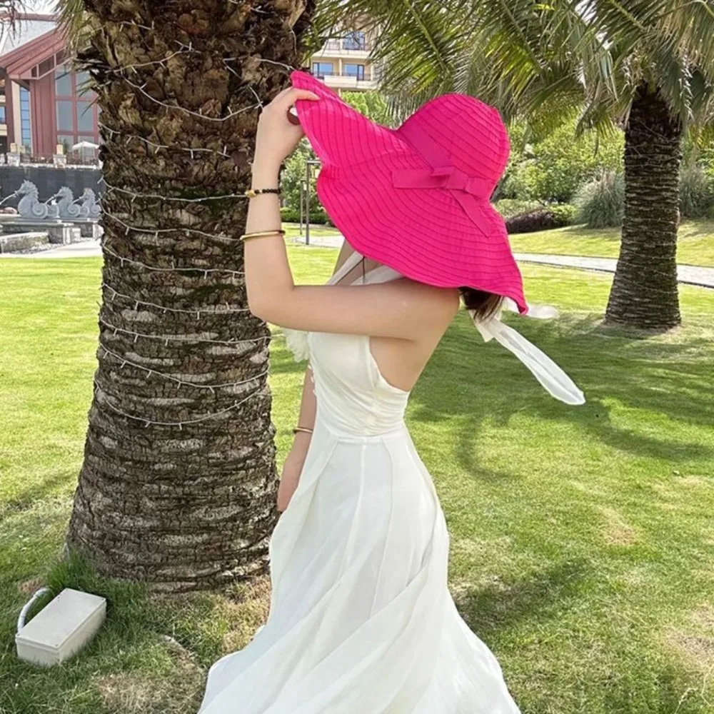 

Fashion Bowknot DIY Moldable Wide Brim Hat Sunscreen UV Anti Plastic Bucket Hat Breathable Foldable Women Sun Hat Beach