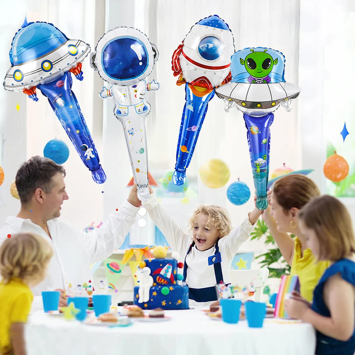 4pcs space themed astronauts, UFO handheld aluminum film balloons, suitable for birthday space themes, outdoor event decorations