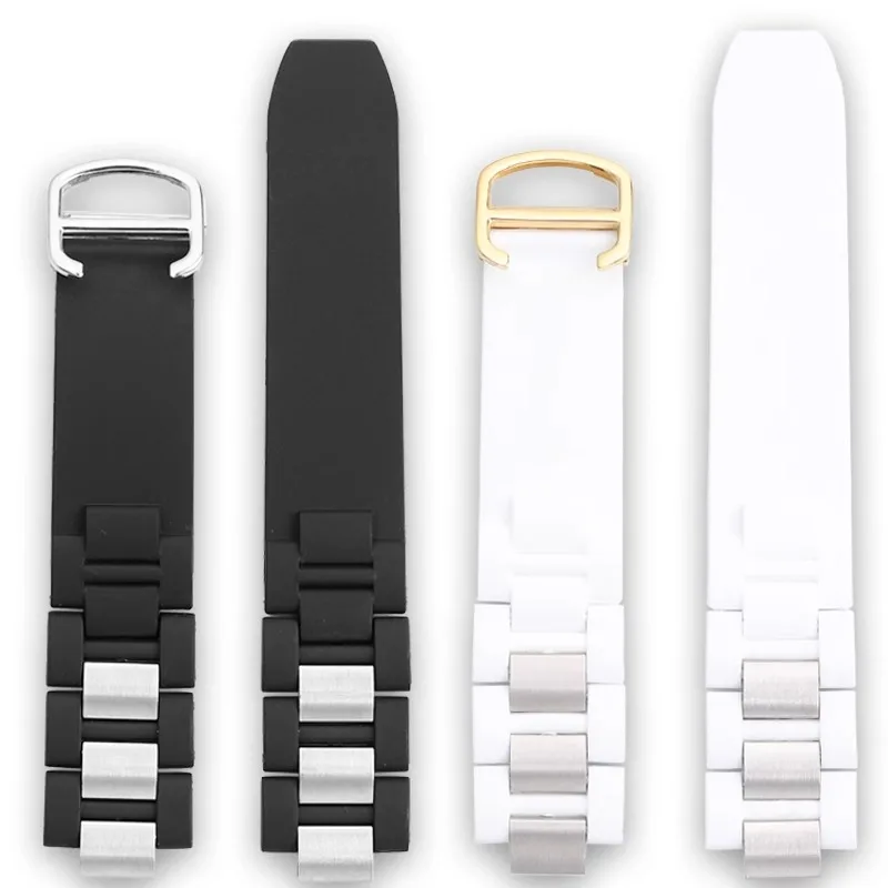 20x10mm Silicone Strap for Cartier 21th Century Watch Raised Edge Waterproof Band, Black/White Luxury Watch Bracelet Replacement