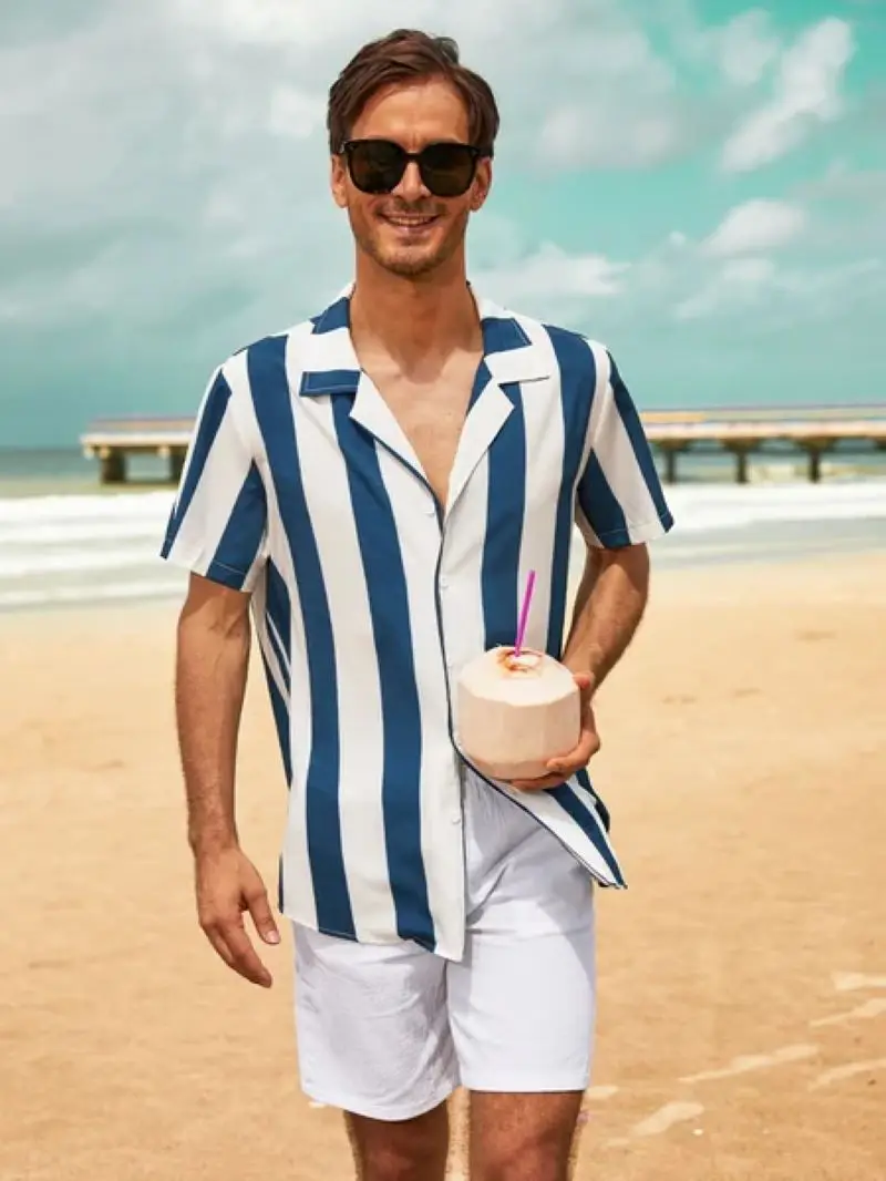 

2022 Hot Selling [object Object] Shirt Men New Hawaiian Beach Shirts for Men Refreshing Stripe High Quality Single Buckle Shirts
