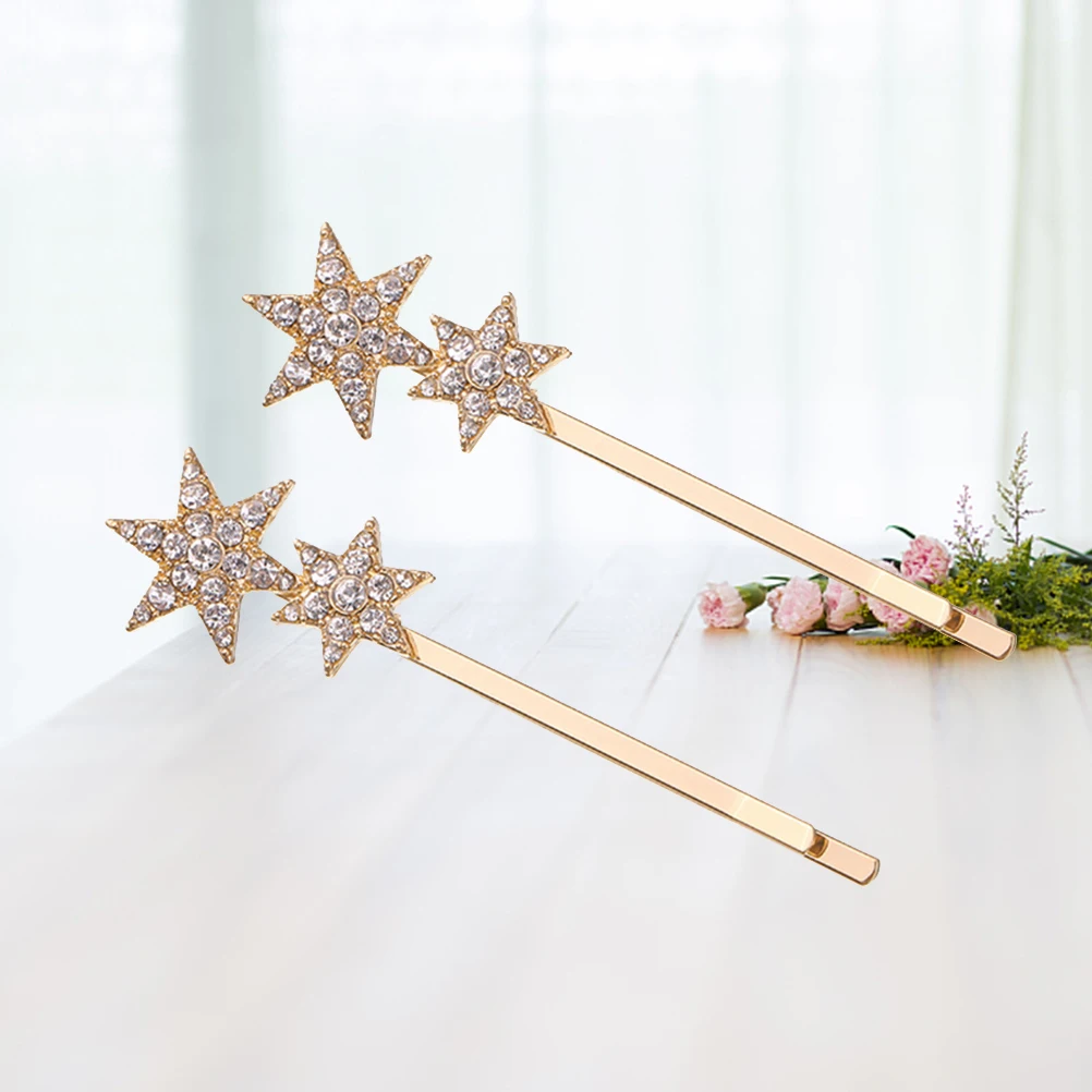 

2PCS Alloy Rhinestone Hair Pins Star Bobby Pin Clip Accessories Golden Women Girls Hair Styling Pentagram Decor