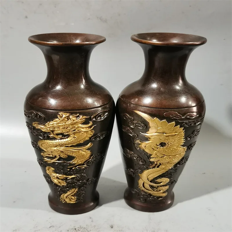 2023 New Antique Bronze Gilded Dragon and Phoenix Vase Ornament Home Decoration Creative Gift Craft One Piece Dropshipping