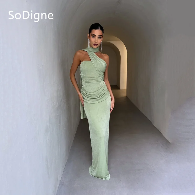 

Holiday Velvet Pleat Prom Dresses Sexy Bodycon Maxi Party Dress SoDigne Halter Cocktail Gowns Customized