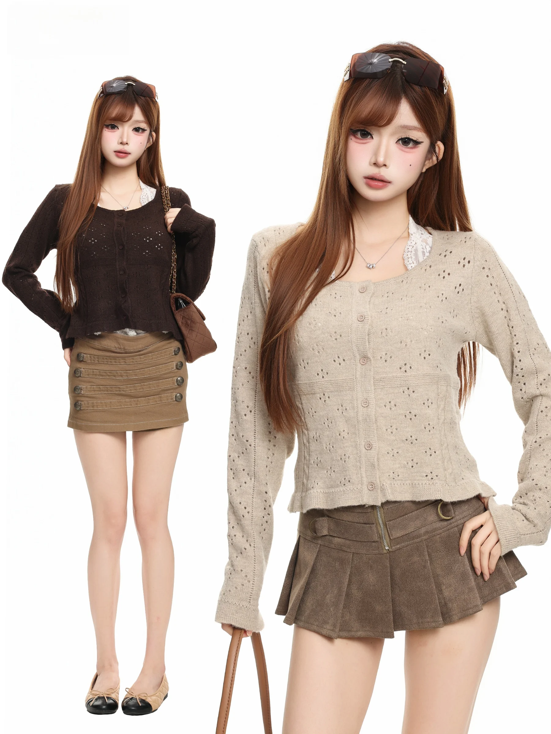 BASTERDS Lazy Style Hollow out Short Knitted Cardigan Women's Autumn Casual Slim Long Sleeve Top Coat Soft Wool Blend Polyester