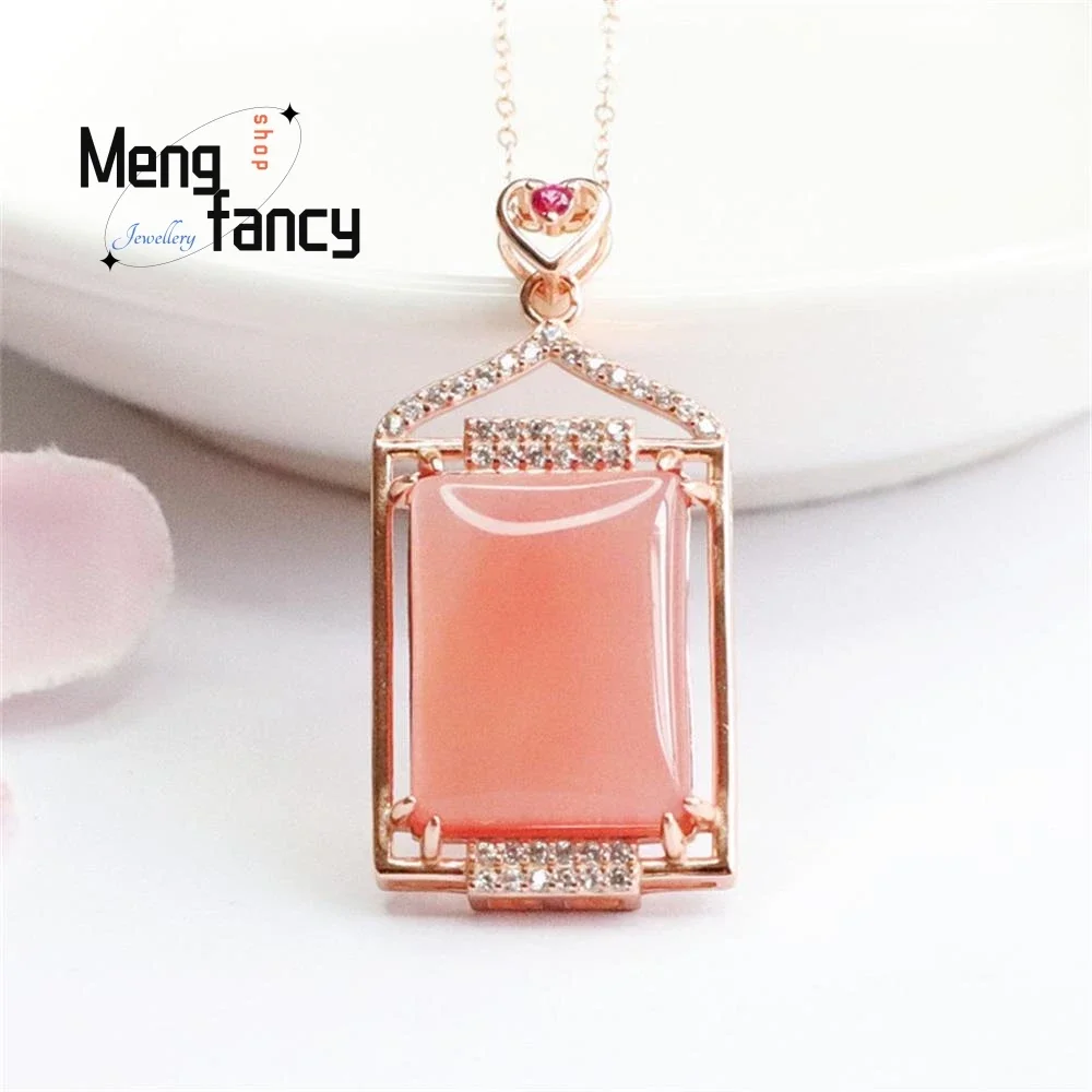 

S925 Silver Lnlaid Natural Salt Spring Agate Ping An Wushi Square Plaque Pendant Charm Elegant High-grade Luxury Quality Jewelry