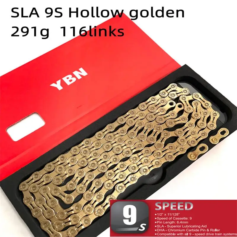 YBN Bike Chain 9 10 11 12 speed SLA hollow gold oil slick Titanium coating  MTB road bike chain for Shimano/ SRAM