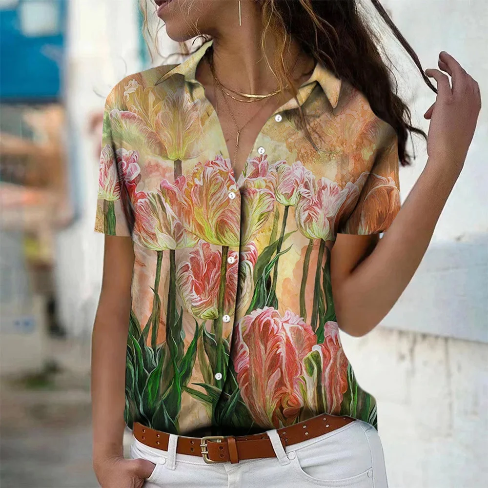 

Fashion Women Floral 3D Printed Short Sleeve Lapel Shirt Women Tops 2024 Ladies Breasted Button-Down Shirts and Blouse