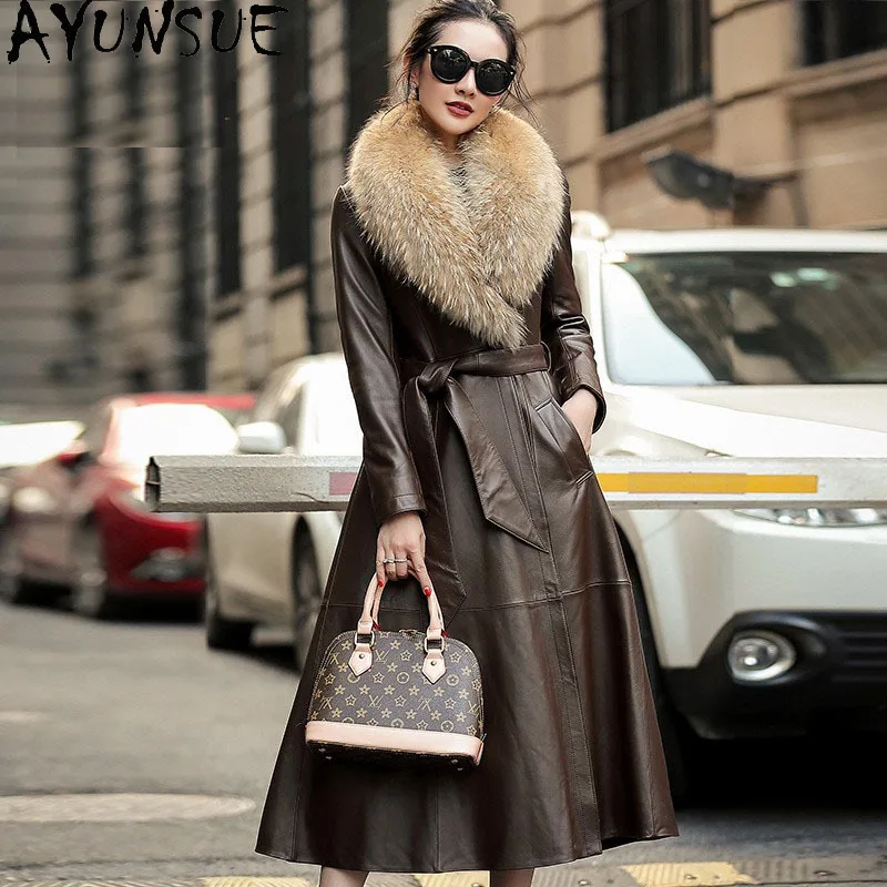 AYUNSUE Sheepskin Genuine Leather Jacket Women Warm 90% Down Coat Womens Coats Long Style Winter Clothes Raccoon Fur Collar 2025