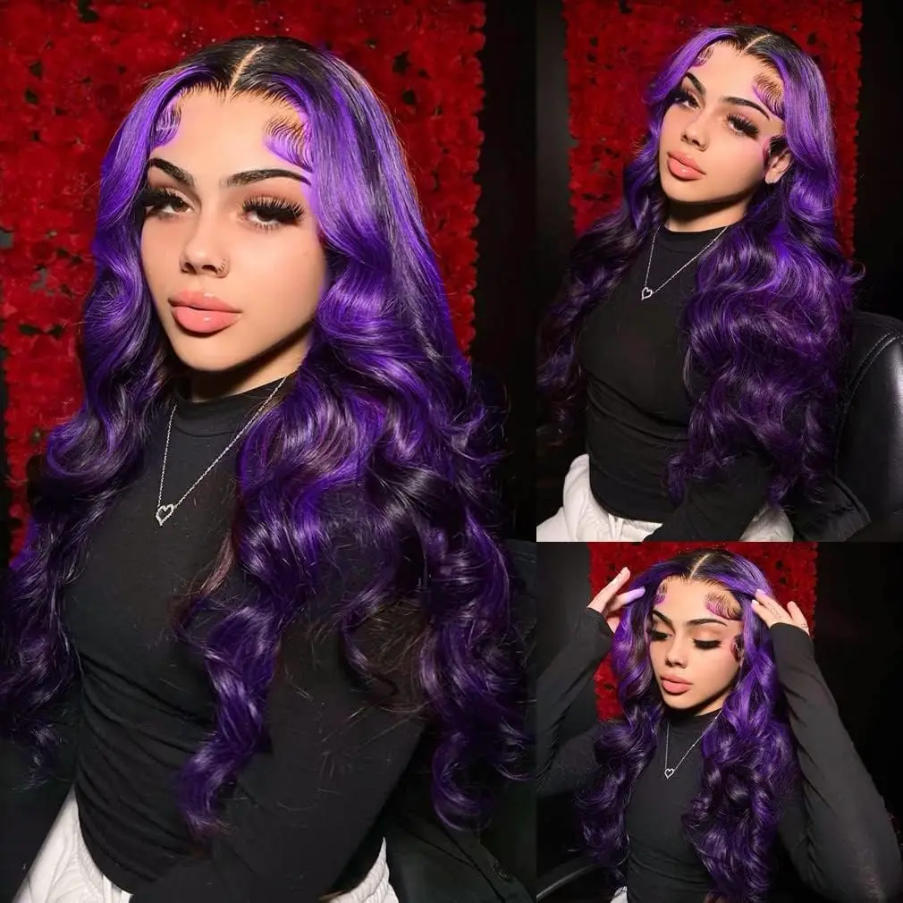 Ombre Purple Highlight Body Wave 13x6 HD Lace Front Wig Human Hair Waves Dark Purple 13x4 Lace Frontal Wigs Vietnamese Hair image 2