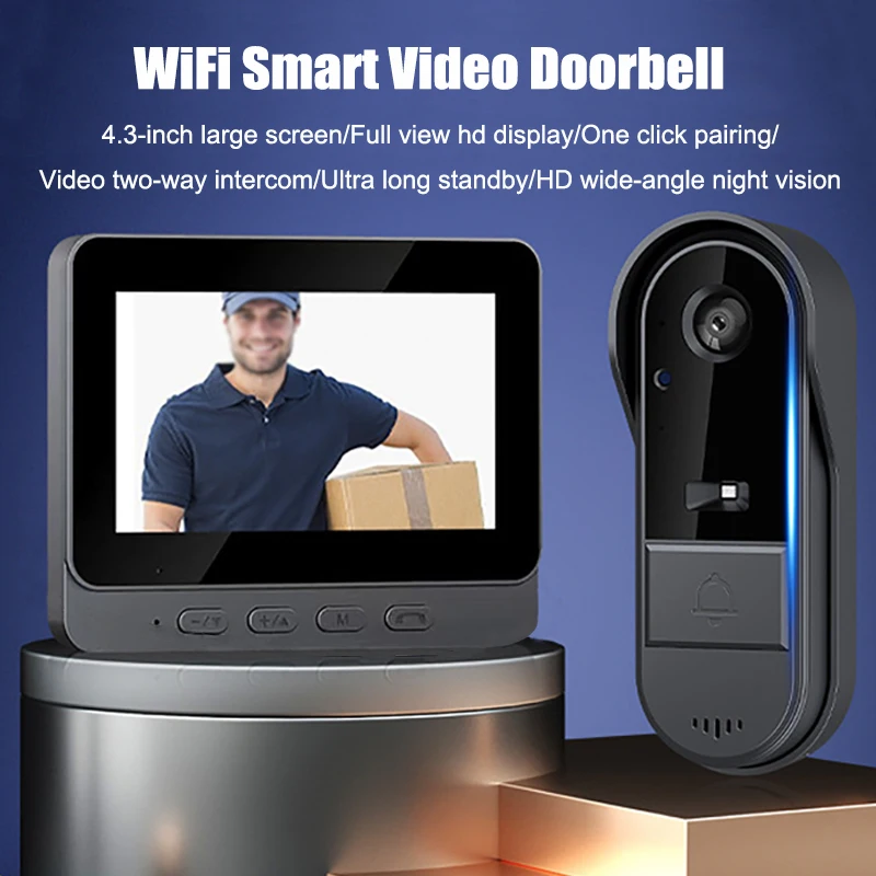 Wireless Intercom Doorbell Night Vision HD 4.3 inch IPS Screen Waterproof Doorbell Camera Smart Home Security Video Eye Bell