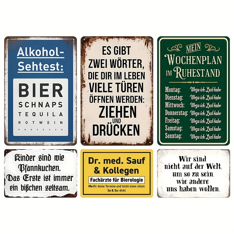 6pcs Set German Alcohol Detection Themed Vintage Metal Signs - Alcohol Tracker and Soberness Chart Wall Decor, Beer Bar for Man
