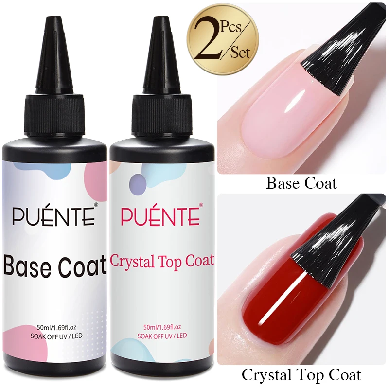PUENTE 2pcs/set 50ML Base Gel Crystal Top Coat Gel Nail Polish Clear Low Allergenic Soak Off UV Semi-Permanent Nail Art Varnish