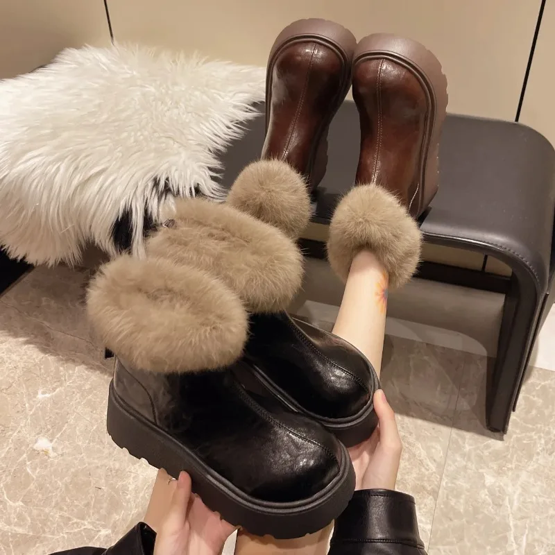 

2026 Autumn Winter Leather Platform Ankle Boots Furry Warm Casual Cotton Shoes Vintage Height Increase Women Snow Boots