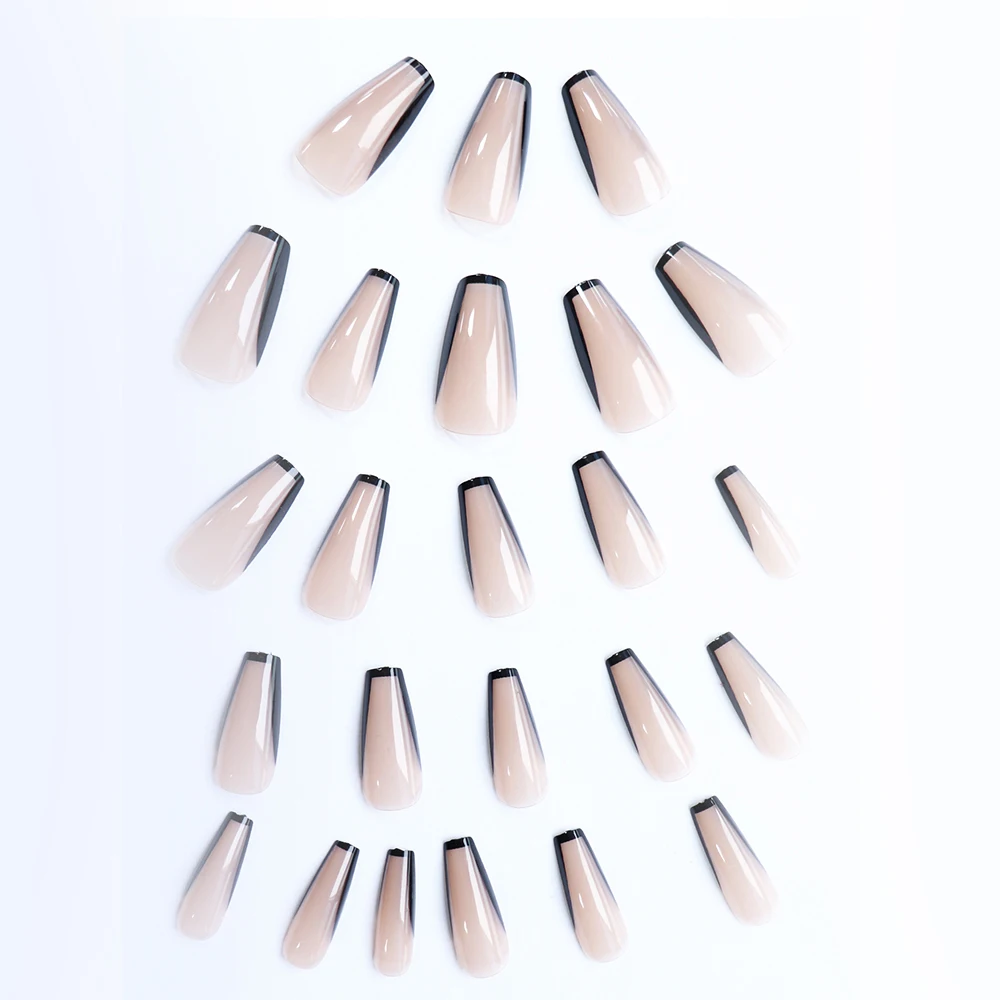 ARTAUG 24PCS Medium Coffin Black French Tip Press On Nails Fleshcolor Fake Nail Cheap Nails Summer Nails Delicate Nail