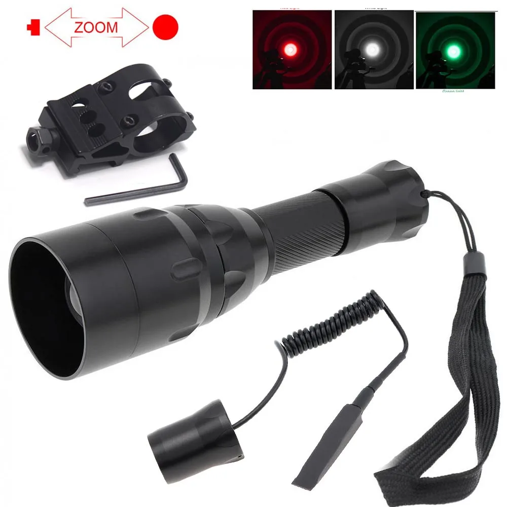 4000Lumen C16 White Led Light Green/Red zoom Tactical Flashlight+Rifle Scope Mount Clip+Switch+18650+usb Charger