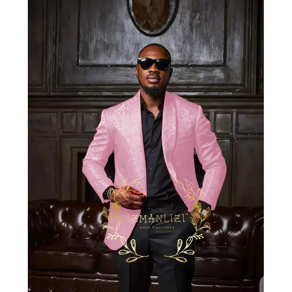 

Pink Jacquard Floral Jacket Black Pant Men Suits For Wedding 2 Pieces Formal Groom Party Prom Terno Masculino Blazer Sets