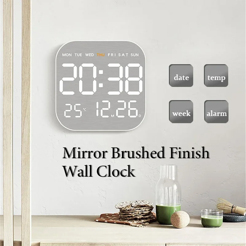 

Mirror Brushed Finish Wall Clock Premium Feel Silent Wall Clock Table Alarm Clock Temp Display Bedroom Office Living Room Decor