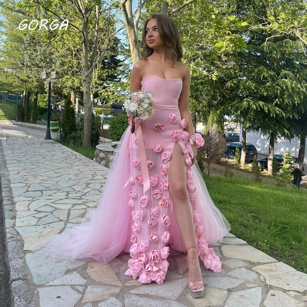 GORGA Simple Pink Strapless Tulle A-LINE Prom dress 2024 Slim 3D Flowers Floor-Length Formal Evening Dress