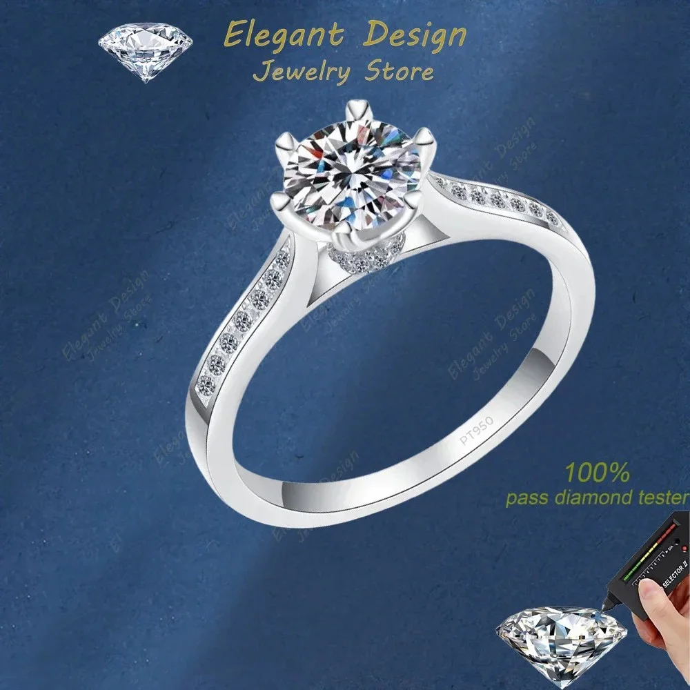 Elegant Design 1 Ct Classic Six Claw Lucky PT950 Platinum Ring, Six Heart Pronged Moissanite Diamond Lady Wedding Rings Women