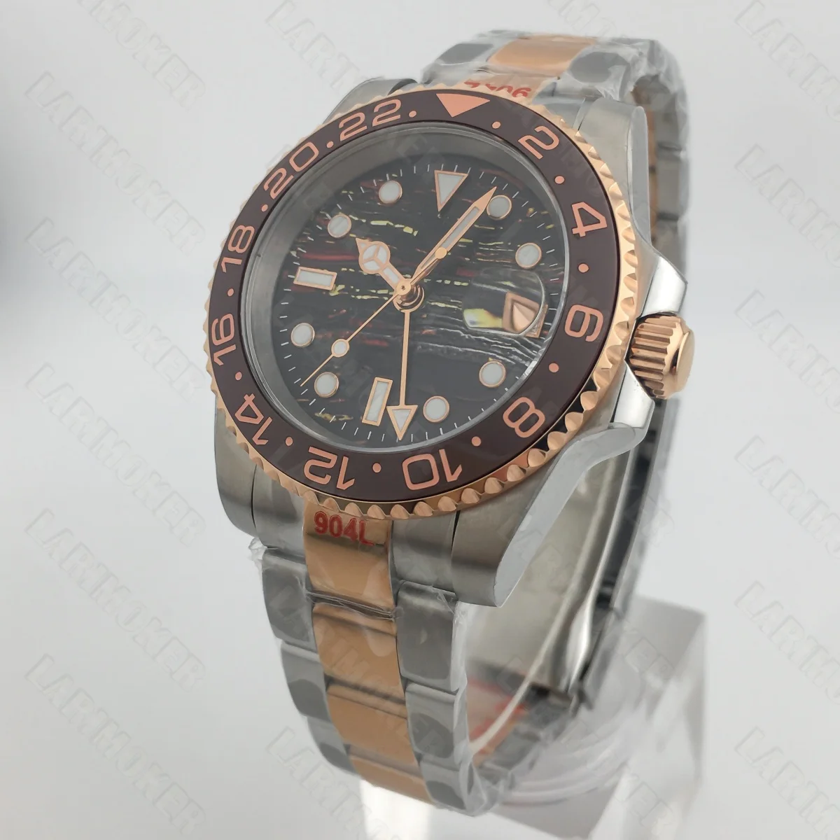 Two-tone rose gold 40mm NH34 mechanical men's watch GMT Tiger's Eye date window sapphire glass green luminous ceramic bezel