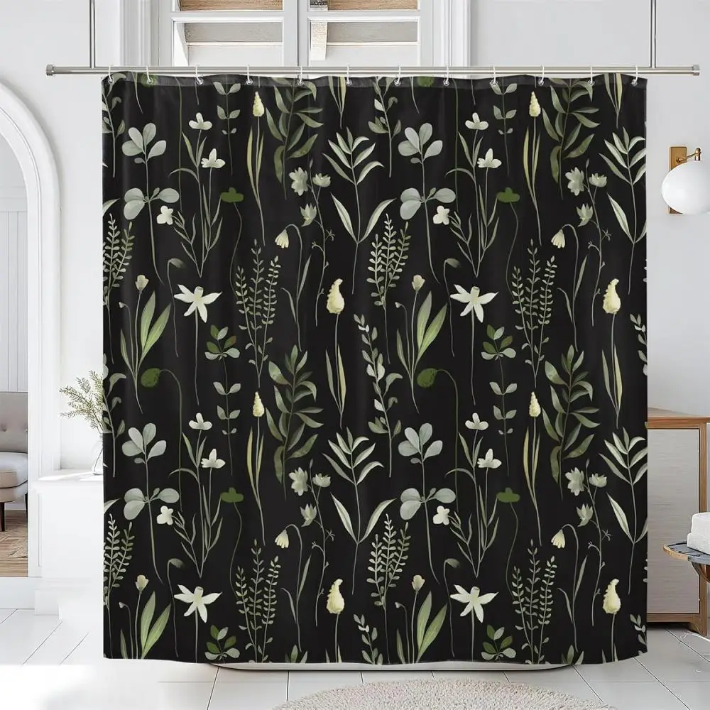 

Herbaceous Plant Shower Curtain, Green Plants Herb Floral Bathroom Curtain,