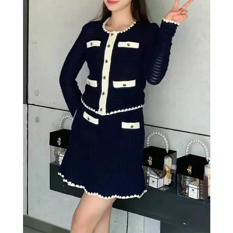 Navy Blue Round Neck Knitted Cardigan A-line Short Skirt Gold Set