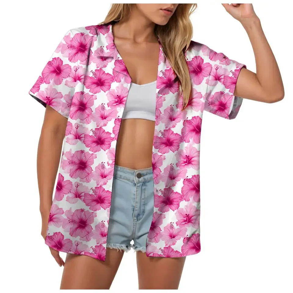 Summer Floral Shirt Tropical Plants Print Shirts Women's Hawaii Short Sleeve Blouse Holiday Seaside Button-Down Shirt Top