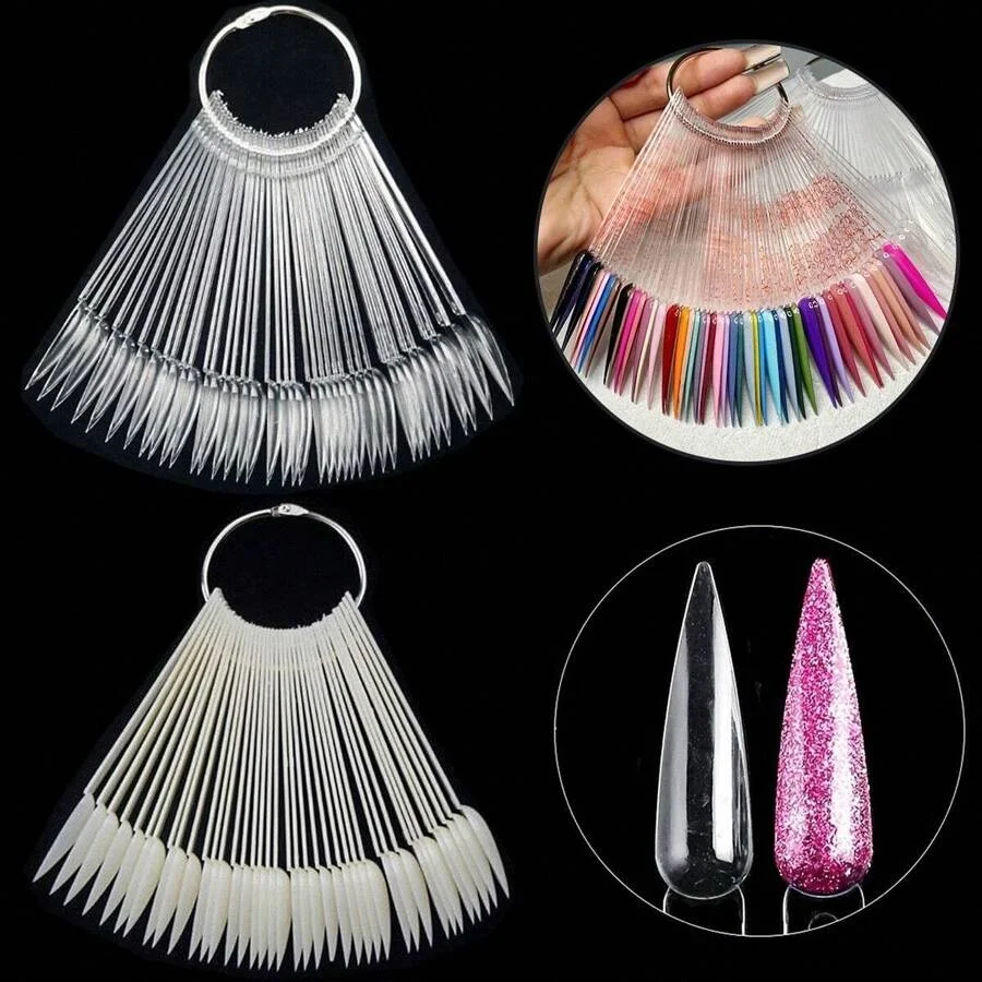 

50Pc Long Stiletto Nail Swatch Color Display Card Clear Natural False Nail Tips Nail Gel Polish Color Card Plates Practice Tools