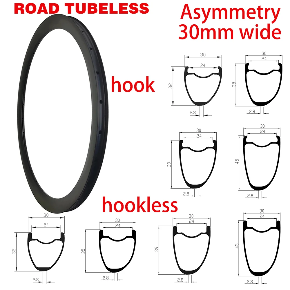 Tubeless Road Bike 700c Clincher 32/35/39/45mm Height 30/24mm Width Disc/Rim Brake Carbon Bicycle Wheel Hook Hookless Ud 3k 12k