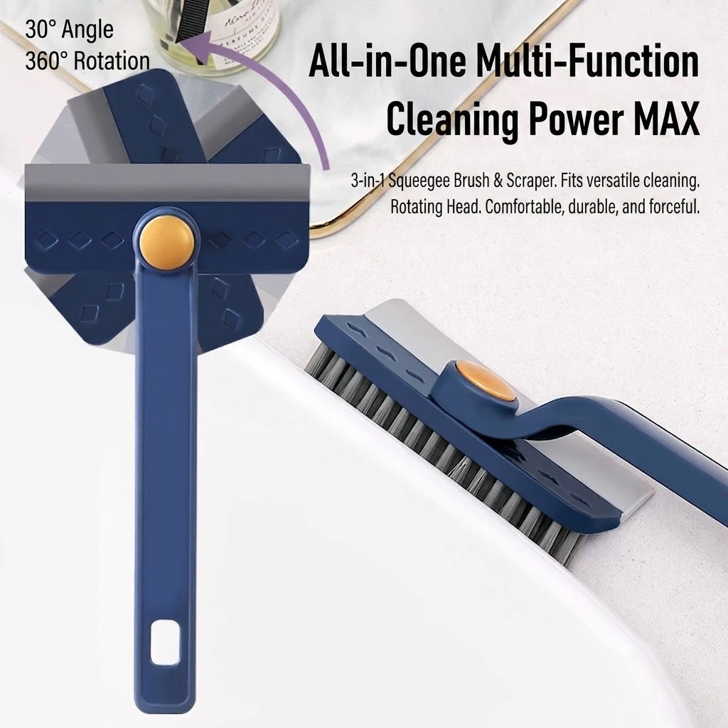 3-in-1 Multifunctional Cleaning Brush with Squeegee & Scraper 360° Rotating Head Household Grout Scrubber for Bathroom Kitchen Toilet Window Glass Tile Joints