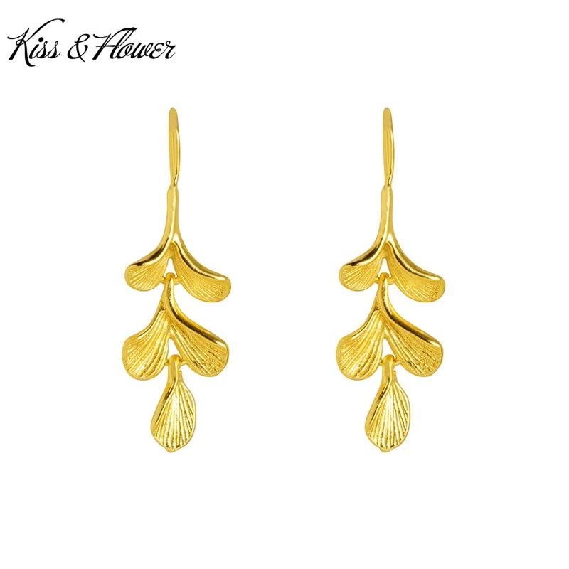 

KISS&FLOWER Gold Vintage Ginkgo Long Drop Earrings For Women Wedding Party Birthday Christmas Bride Mother Girl Lady Gifts ER452