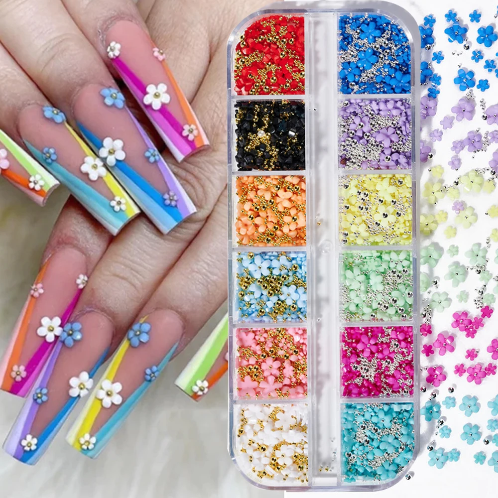 12Grid/box Colorful Mini Acrylic Flowers 3D Nail Art Decor With Steel Beads Mixed Size Flowers Nail Charms DIY Kawaii Floret