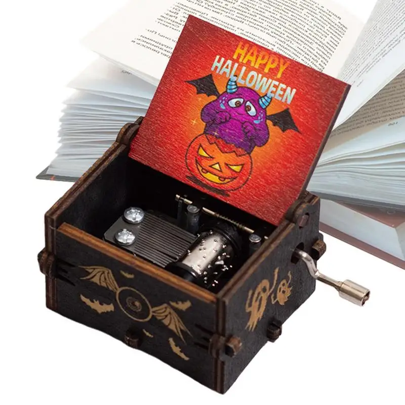 Halloween Theme Music Box Wind-Up Halloween Music Box Hand Crank Vintage Wooden Musical Box Wind-Up Halloween Music Box Festive