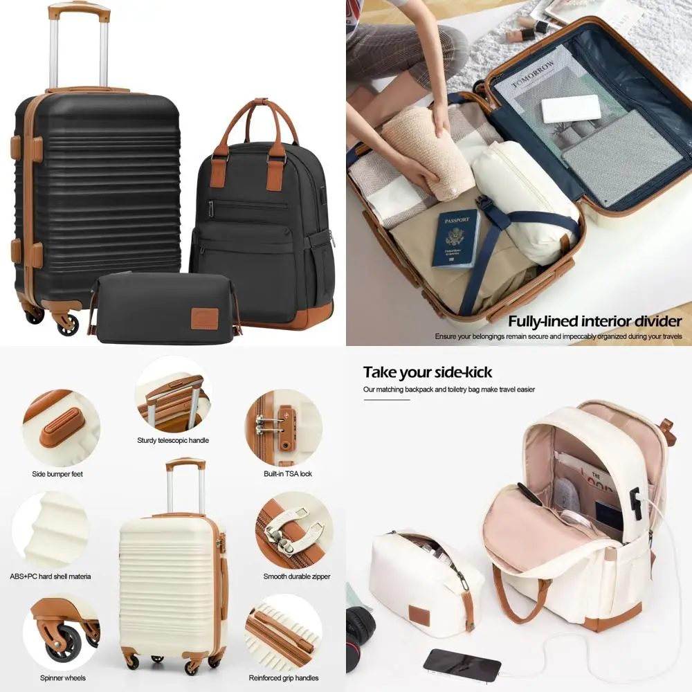 Juego de equipaje rígido Spinner de 3 piezas con cerradura TSA, maleta de mano, tamaño grande y mediano, negro