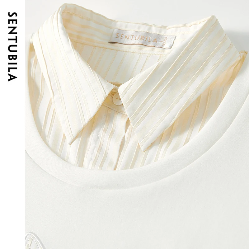 SENTUBILA Bow Embroidery Womens Sweatshirt 2025 Spring Cotton Loose Casual Patchwork Shirt Collar Long Sleeve Pullover 151A58760