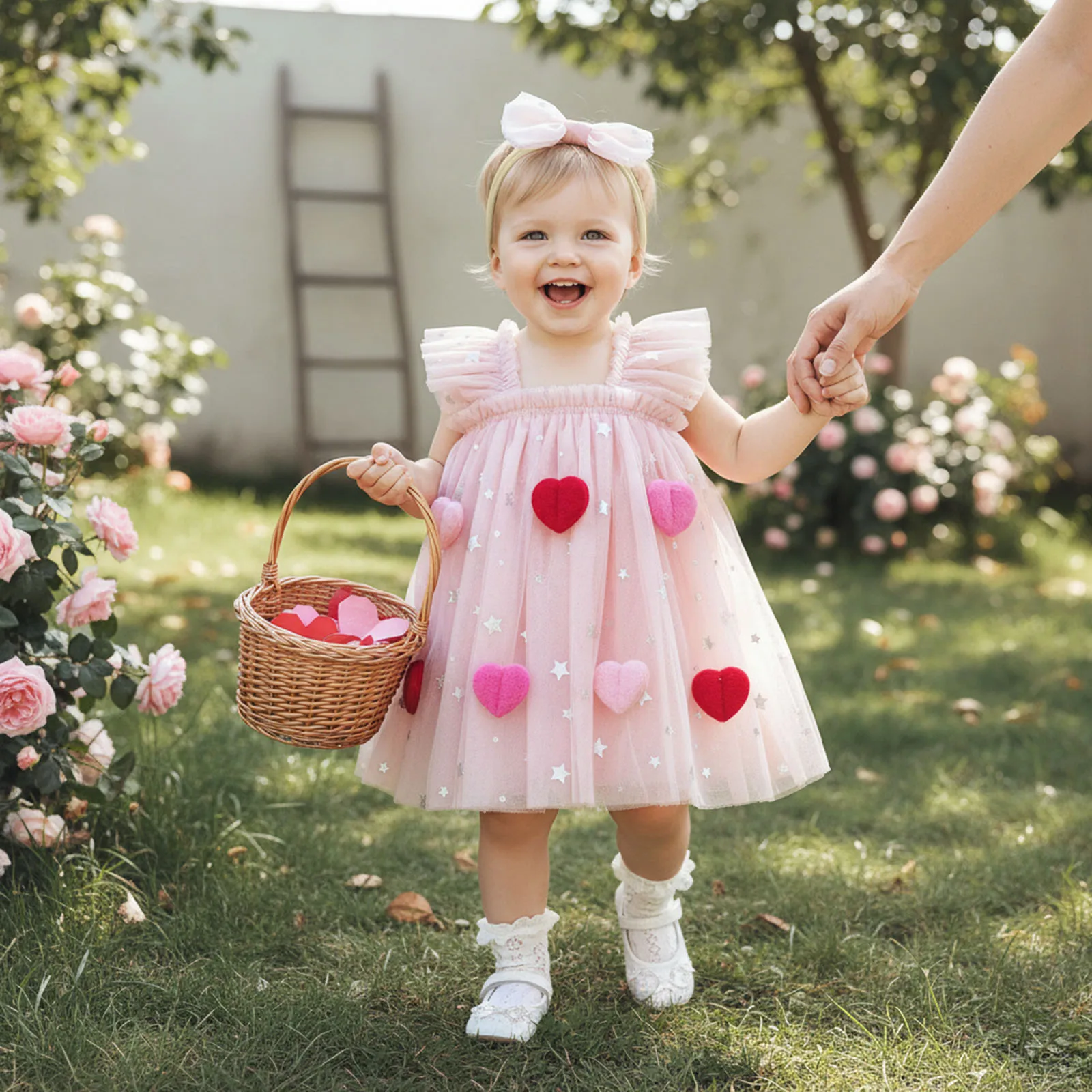 Cute Infant Baby Girl Valentine's Day Romper Dress Summer Flying Sleeve Heart Sequin Decor Tulle Patchwork Romper with Headband