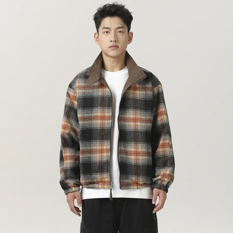 Double Side Wearable Coach Jacket Men Streetwear Fashion Cleanfit Splice Plaid Loose Casual Outdoor Cargo Jacket Boyfriend Coat