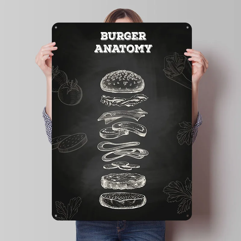 Burger Anatomy Printing Poster Customized Retro Wall Art Vintage Metal Signs for Mancave Bedroom Decoration Room Accessories