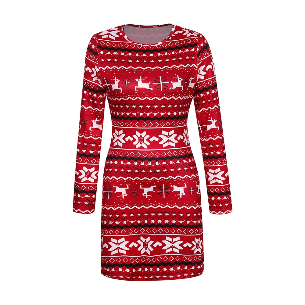 Women\'s Christmas Bodycon Dress Slim Fit Snowflake Printed Round Neck Long Sleeve Hip Wrap Dress New Year Winter Party Clothes